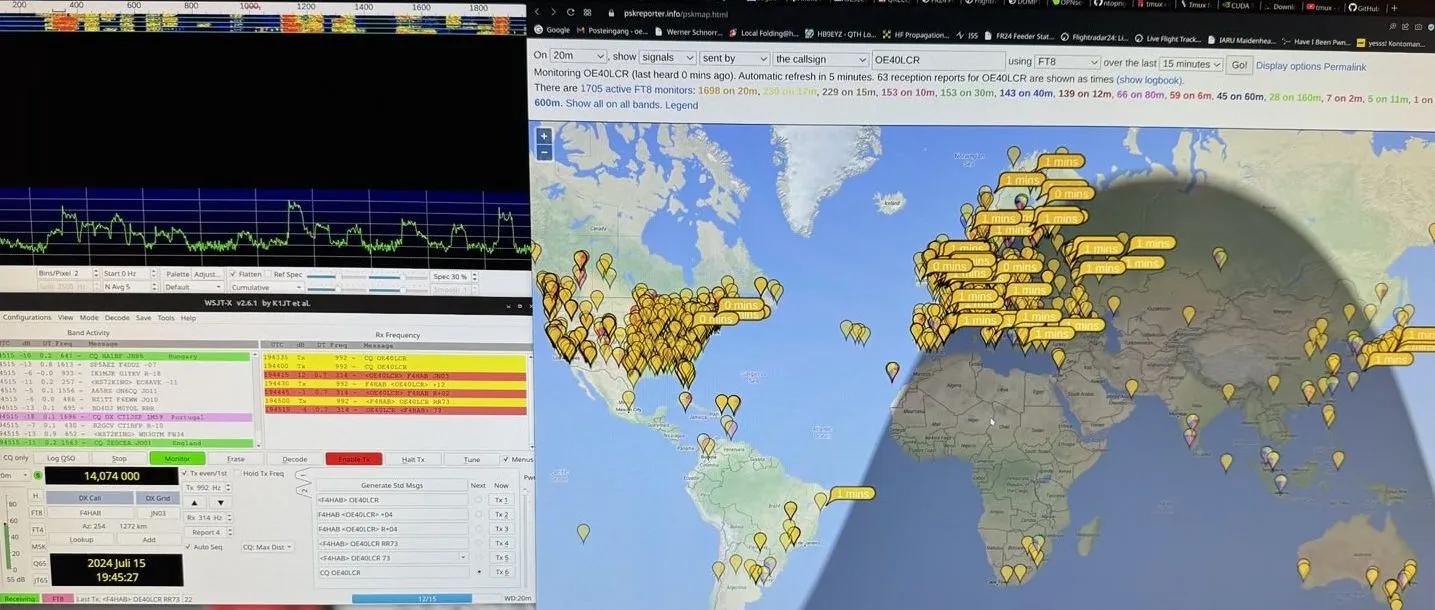Screen showing a waterfall display and a world map of received FT8 stations