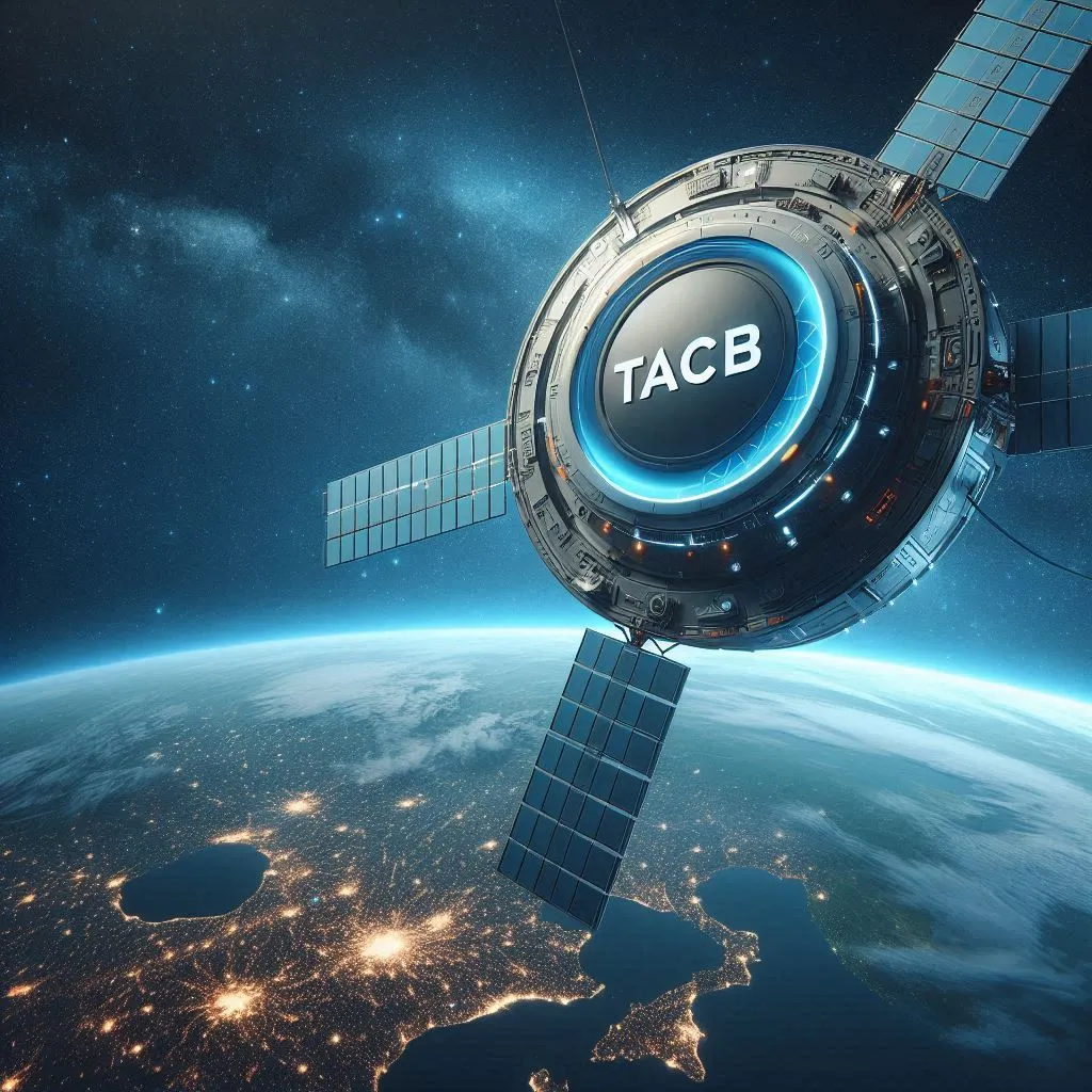 Illustration: Satellit mit TACB-Logo im Orbit über der Erde
