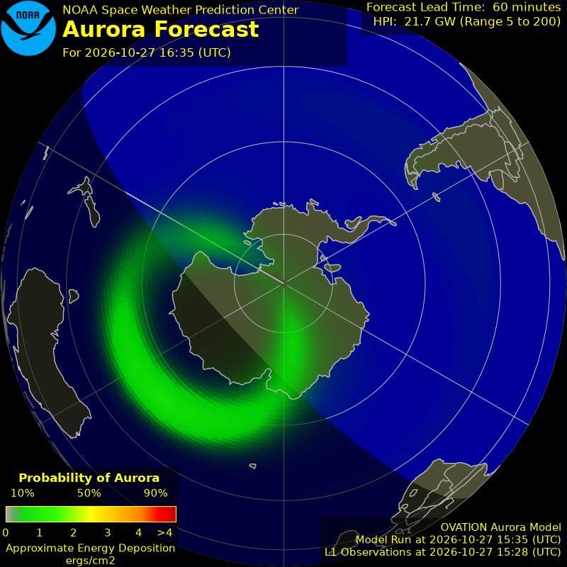 NOAA-OVATION-Vorhersage: Wahrscheinlichkeit von Polarlicht über der Südhalbkugel